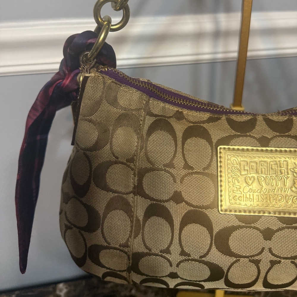 Coach Poppy Tartan Appliqué Groovy Shoulder Bag Brown Purple - Picture 9 of 17